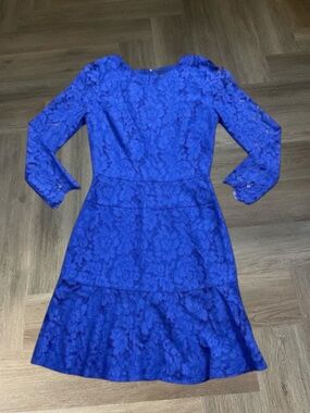 J.Crew Floral Lace Long Sleeve Tiered Cocktail Mini Dress Womens 0 Royal Blue